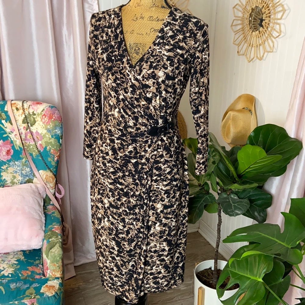 Jones Wear Black Tan Print Wrap Dress Sz 6